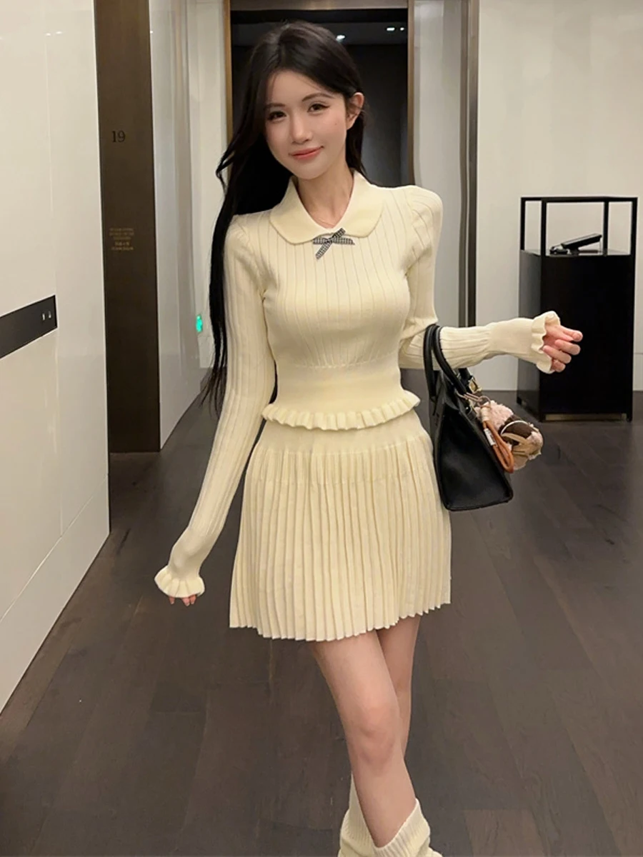 Girls Elegant Doll Collar Bow Knot Knitted Top High Waist Slimming Pleated Half Skirt Set Women's Fashion Spring Autumn 2023