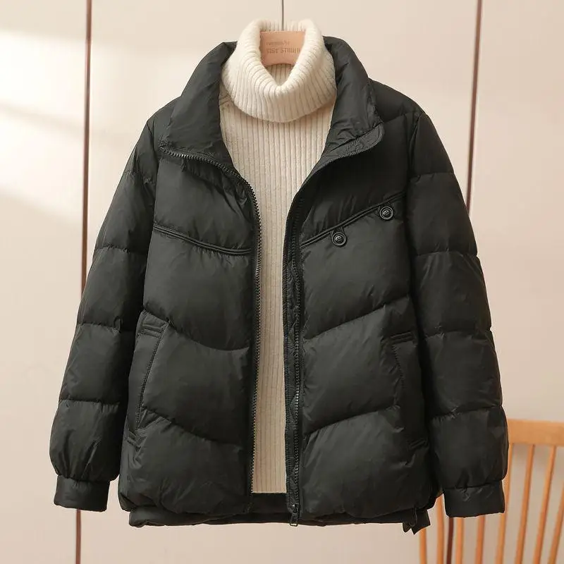 

Faionable White Du down ort Jaet Women's Loose Slimming Sli Stand Collar Padded Coat Casual Sle Thin Fill