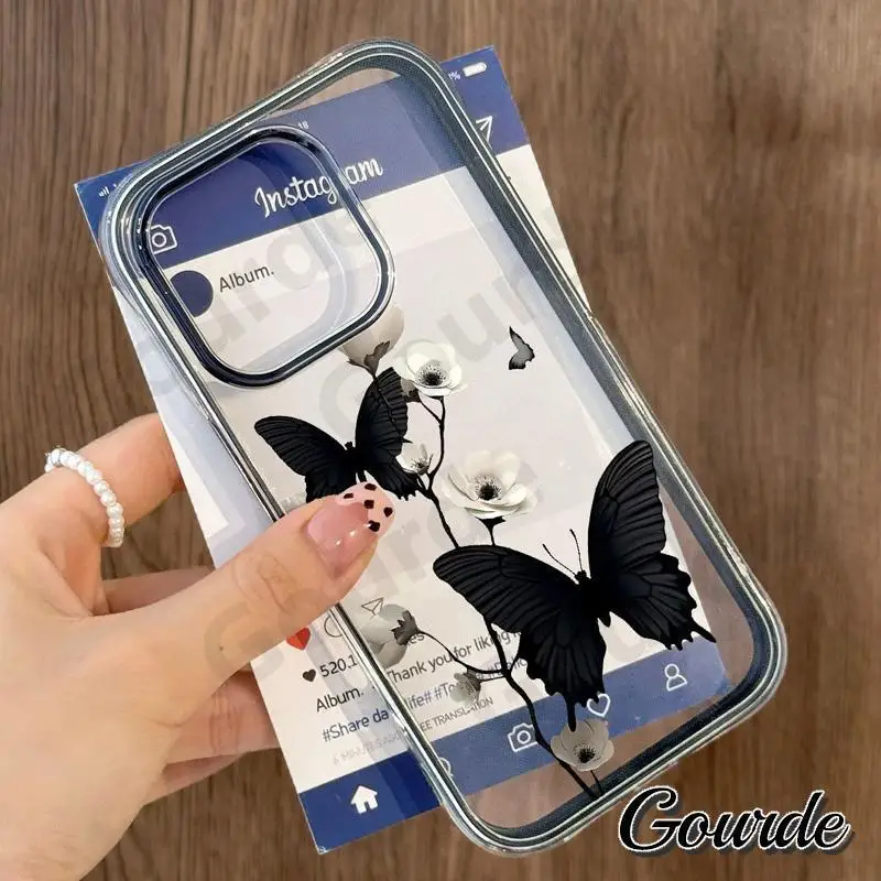 Gourde Custodia per telefono trasparente in acrilico 2 in 1 con motivo a farfalla artistica per iPhone 13 12 14 15 Plus Iphone 16 Pro Max Cover antiurto