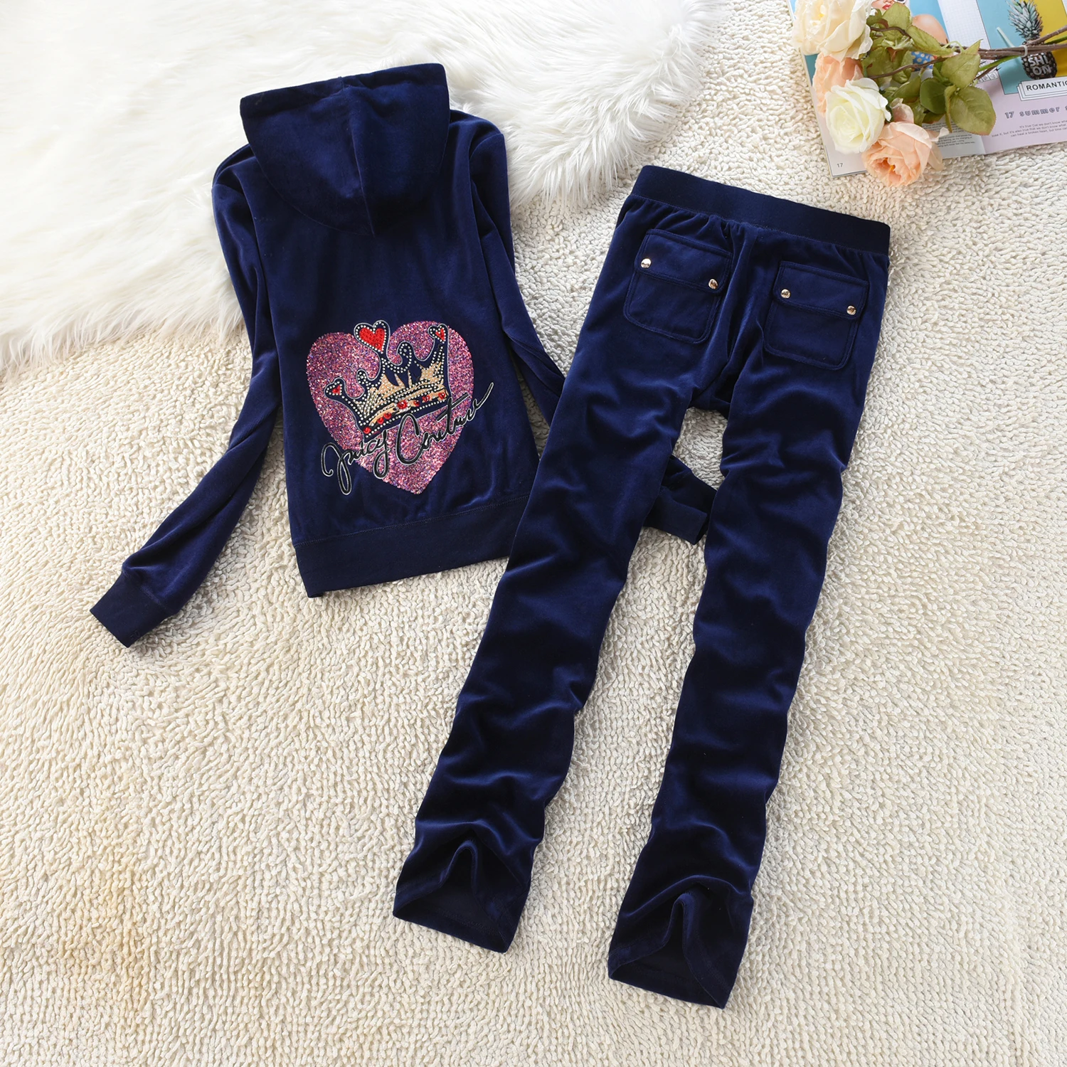 2024 Y2k Velvet Tracksuit Crown Pattern JUICY COMETURE Winter Casual Women Original Suit Women\'s Velvet Suit Diamond Juicy Pants