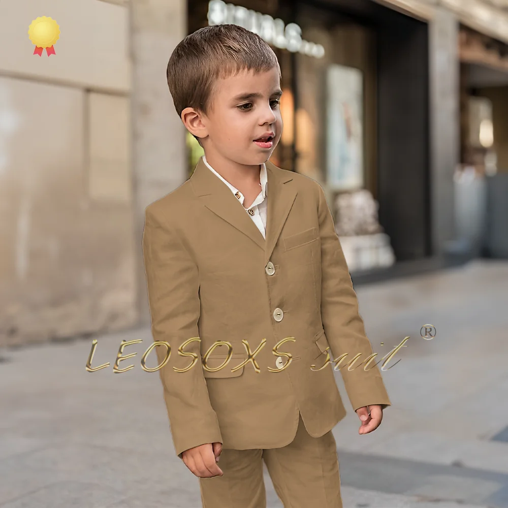 Boys\' ivory linen suit dress 2-piece set (single-breasted suit jacket + trousers) suitable for boys aged 3 to 16 years old