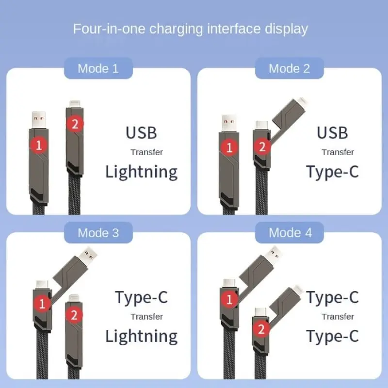 Kabel do szybkiego ładowania 4 w 1 60 W Kabel do transmisji synchronizacji danych Płaski, pleciony, zapobiegający splątaniu kabel do ładowarki PD do