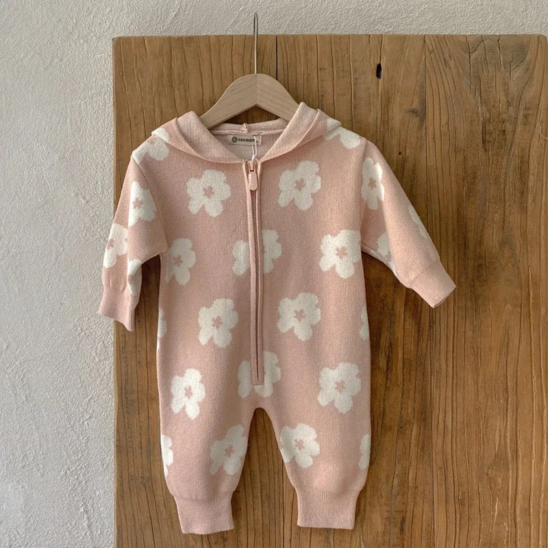 الرضع فتاة مقنعين متماسكة بذلة الخريف الطفل متماسكة رومبير سستة الوليد زهرة طباعة سترة هوديي طويلة الأكمام طفل الملابس #5
