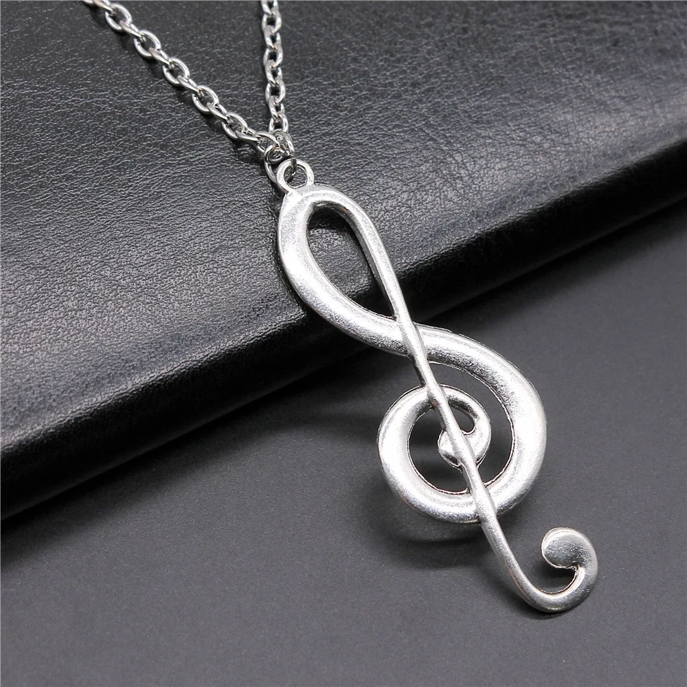 Vintage Antique Silver Plated 61x22mm Big Musical Note Pendant Necklace For Women Men Long Chain Trendy Jewelry Accessories