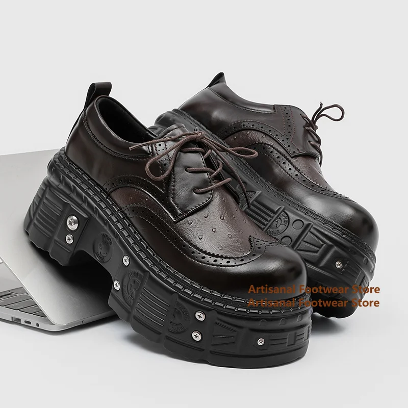 

Carved Height Increasing Leather Shoes Punk Style Big Round Toe Black/brown Thick Soled Lace Up Derby Shoes New In Men's Shoes