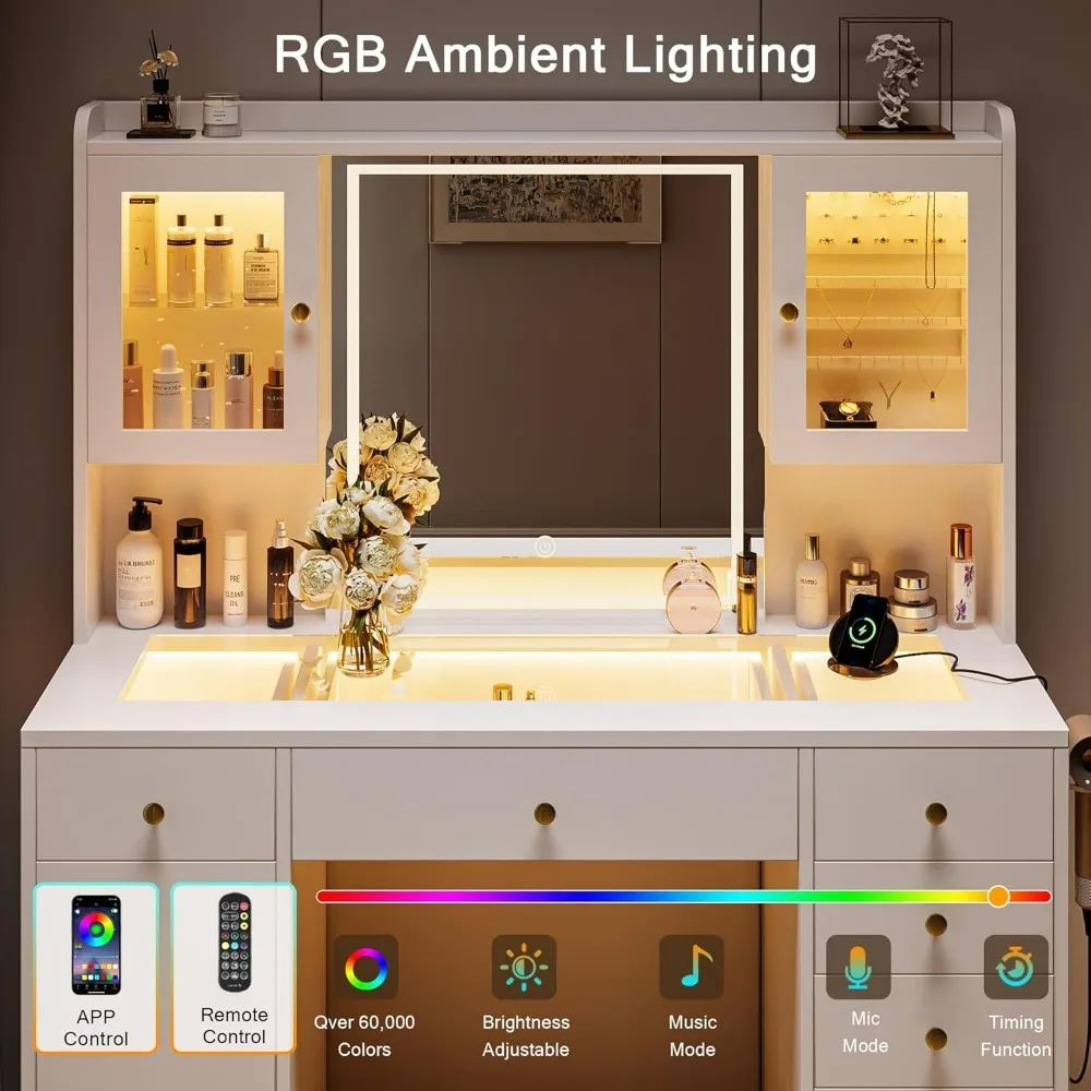 مكتب زينة مكياج مضيء مع سطح زجاجي كبير وتخزين كافية