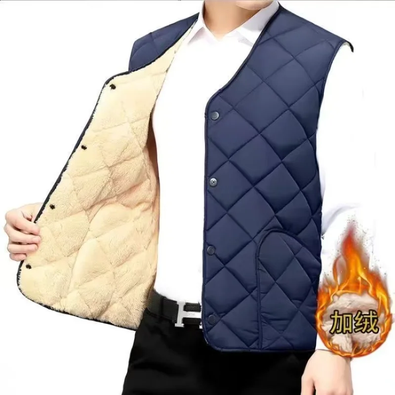 Men V Neck Fleece Lined Vest Snap Button Sleeveless Quilted Warm Thick Winter Casual Inner Gilet