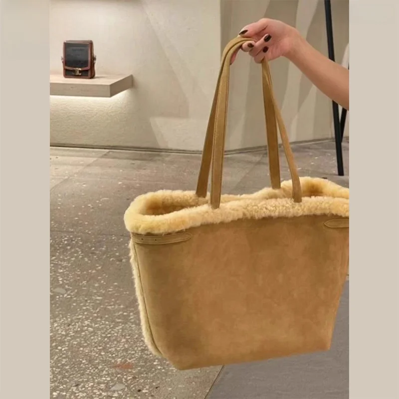 حقيبة يد نسائية كبيرة السعة أصلية، حقيبة كتف للتنقل اليومي، تصميم شتوي دافئ متعدد الاستخدامات