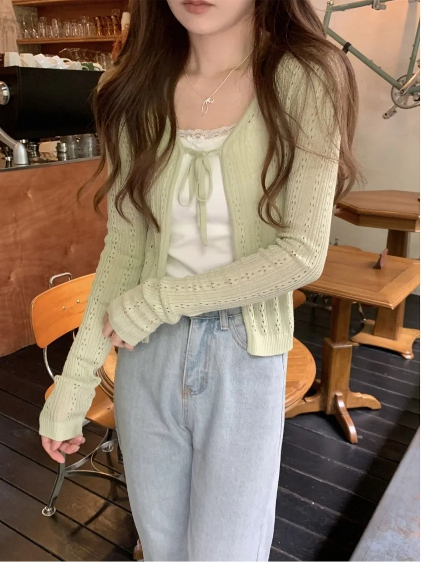 Coreano Sle scava fuori con cintura estiva in seta di ghiaccio sottile cardigan da donna allentato lavorato a maglia tuta sportiva anti UV V-Ne ort Sve Top