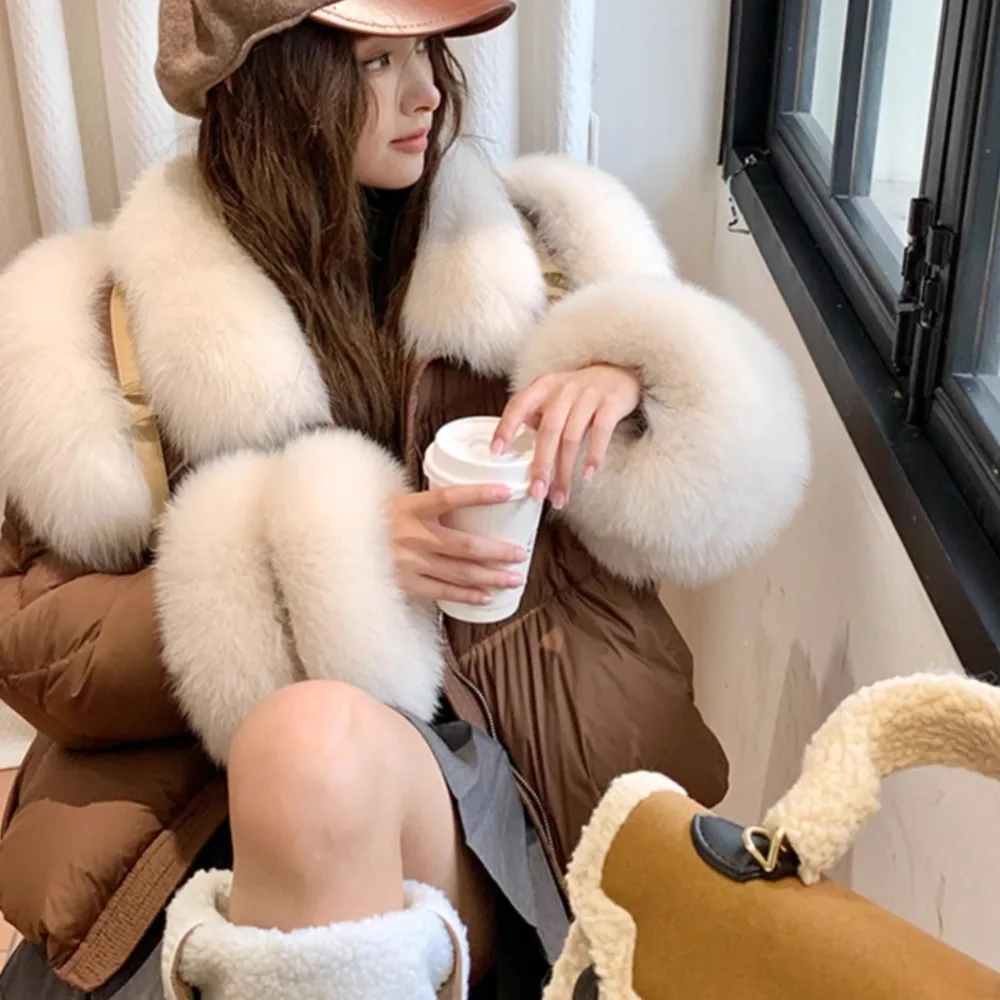 OFTBUY femmes hiver veste de fourrure de renard naturel de luxe blanc doudoune d'oie décontracté épaissir manteau rembourré femme Parkas col de fourrure