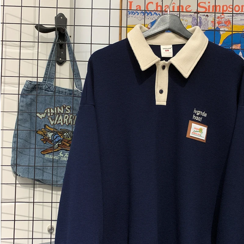 

Мужская толстовка большого размера в американском ретро-стиле, осенняя, свободного кроя, с отложным воротником, молодежная, с вышивкой