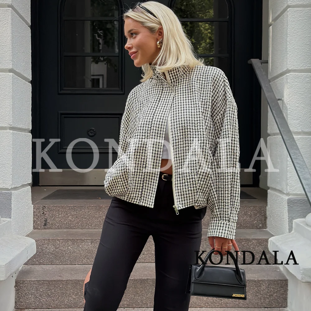 KONDALA Women High Street Plaid Jacket Stand-Collar Zipper Jacket 2026 Summer Early Fall Trendy Sporty Y2K Cool Lady Jacket Coat