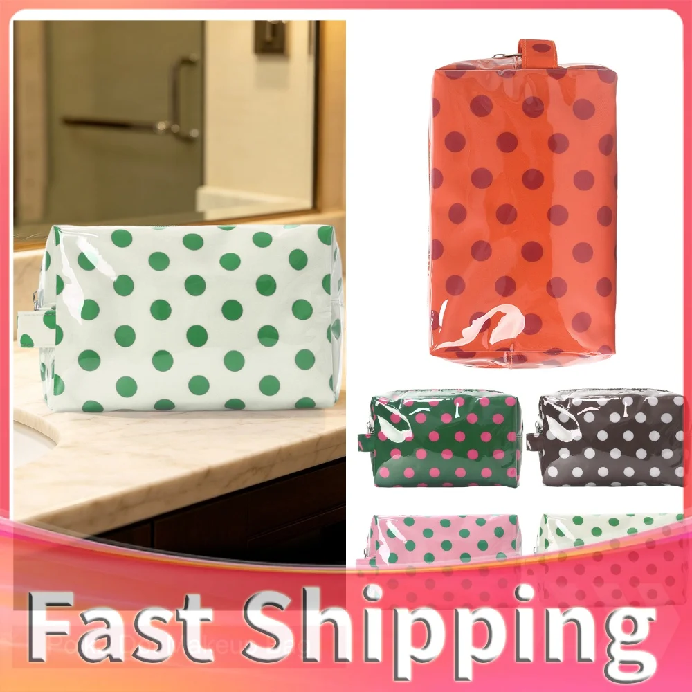 Polka Dot Multifunctional Makeup Case with Handle PVC Portable Makeup Bag Toiletry Makeup Storage Pouch for Women Ladies Girls