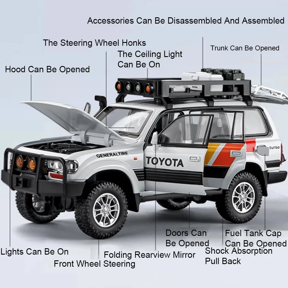 Tacoma Land Cruiser 80 de aleación 1:24, modelo de juguete fundido a presión, puertas de coche, sonido abierto, luz, vehículos en miniatura, regalo de Navidad para niño