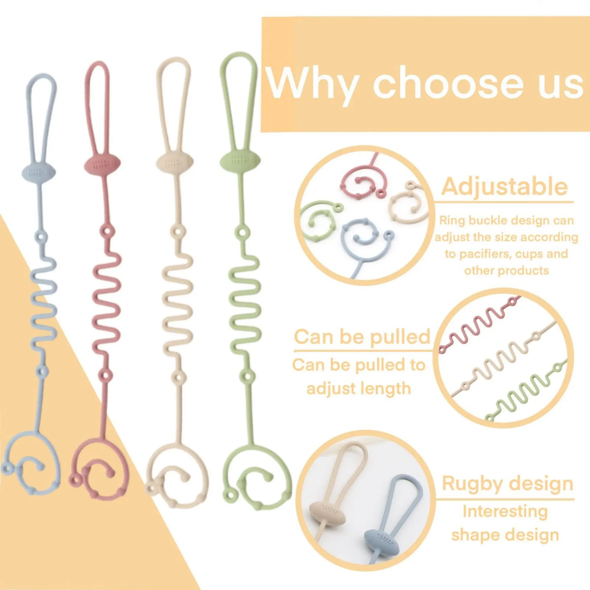 4-Piece Silicone Pacifier Clip, Teething Pacifier Holder Clip, Baby Pacifier Strap/Chain, Suitable for Toy Teething Devices