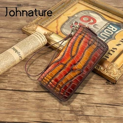 Johnature Genuine Leather Retro Women Wallets 2024 New Crocodile Pattern Long Zipper Cowhdie Phone Purse Large Clutch Wallet