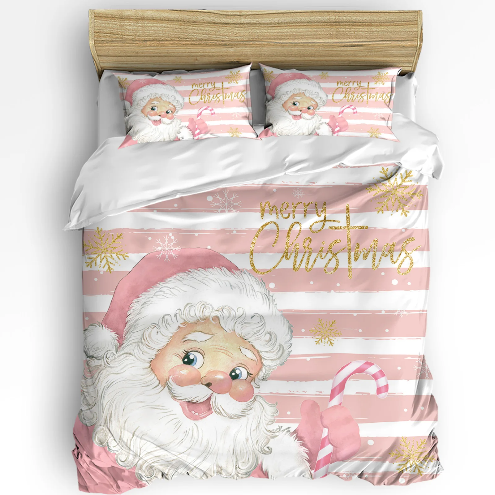 

Christmas Santa Claus Snowflakes Pink Stripes 3pcs Bedding Set For Double Bed Home Textile Duvet Cover Quilt Cover Pillowcase