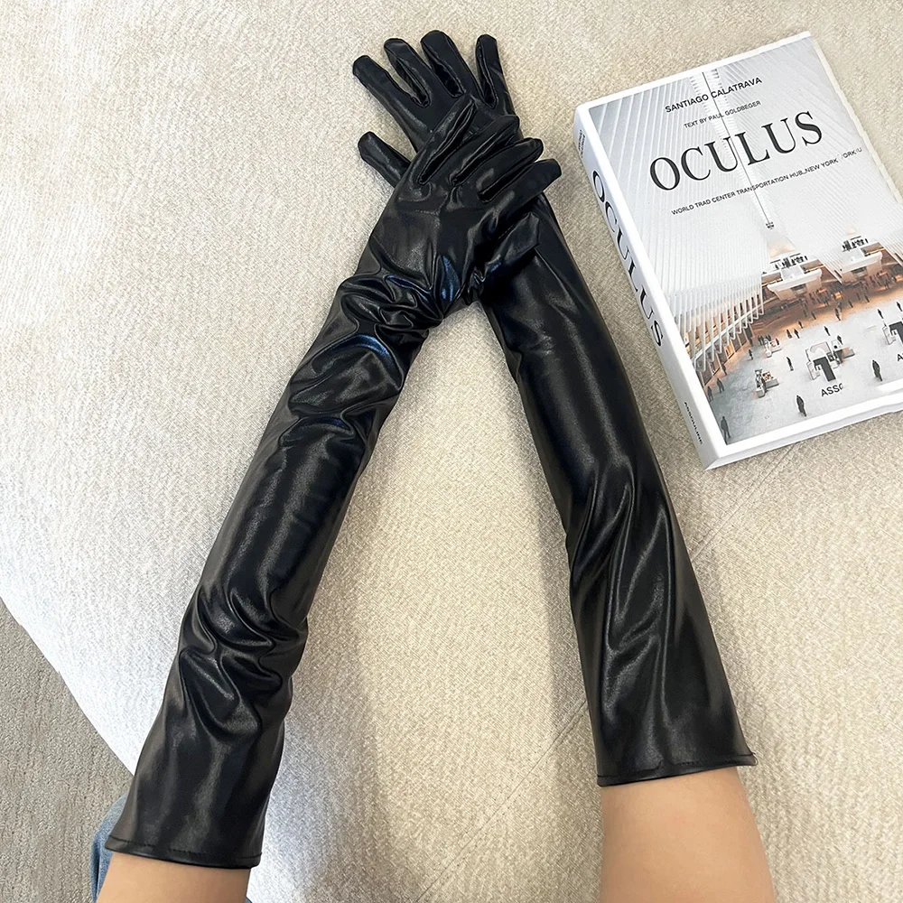 Women  Patent Leather 55cm Long Gloves Cosplay Clothing Accessories Black Tight Gloves DS Pole Dance Performance Party Opera