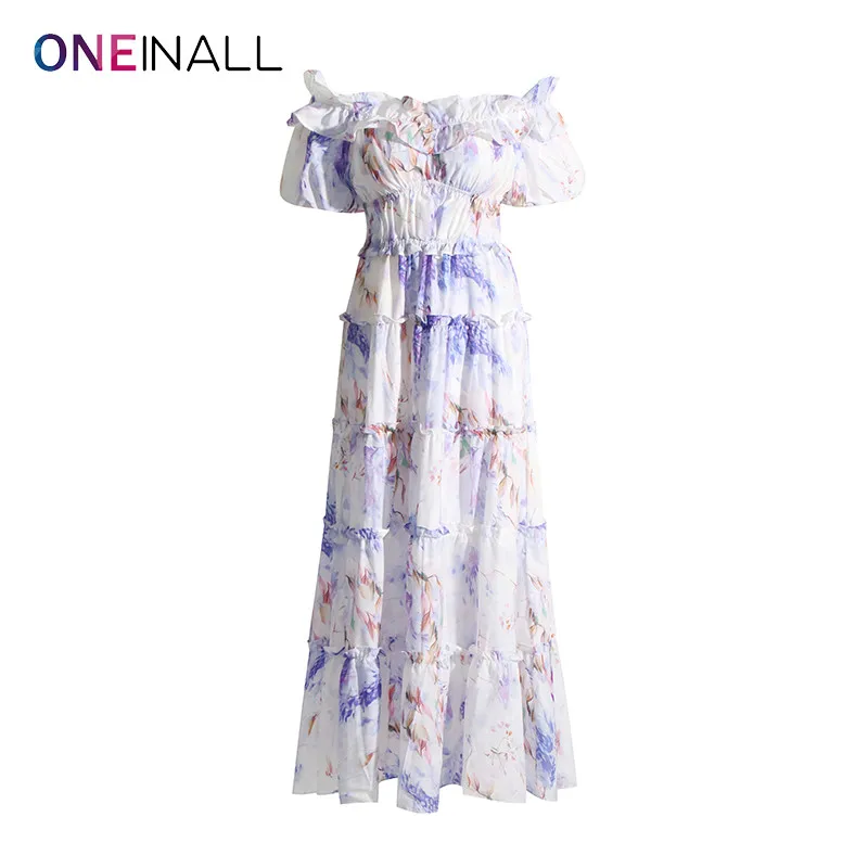 

ONEINALL Floral Printing Dresses For Women Slash Neck Off Shoulder Puff Sleeve High Waist Spliced Ruffles Elegant Dress Female