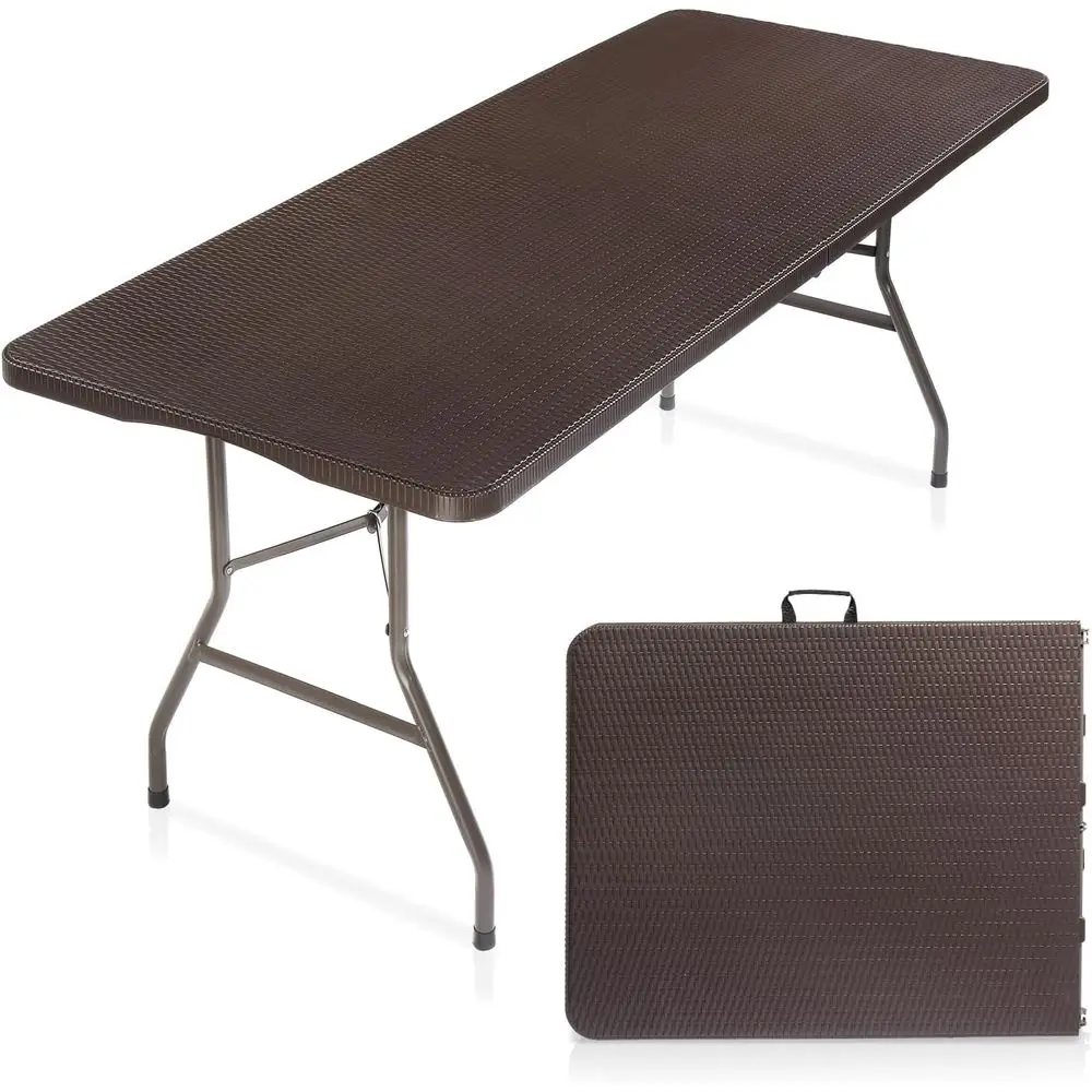 

Portable Outdoor Long Plastic Folding Table with Rattan HDPE Top and Carry Handle, Brown