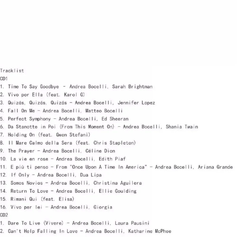 Andrea Bocelli Duets 30e anniversaire Sélection 2CD Collection Crossover classique