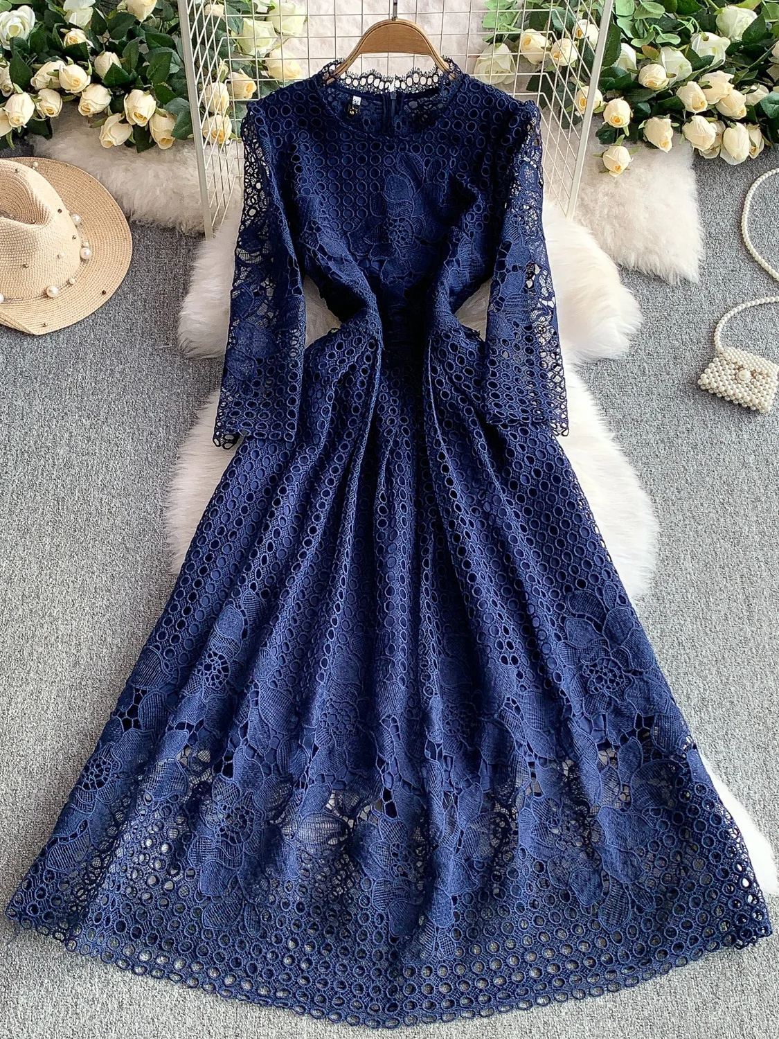 

Ele round Ne Lace Hollow out Dr Women's Summer Slimming Long Dr High Waist A-Line Korean Sle Commute Dr