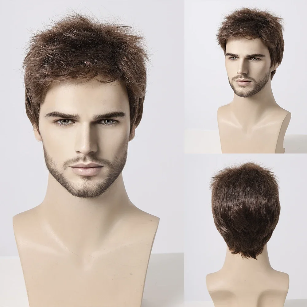 ELEMENT Short Synthetic Brown Loose Straight Hair Wigs Cosplay Party Daily Use Wigs for Man Natural Fiber Soft Touch