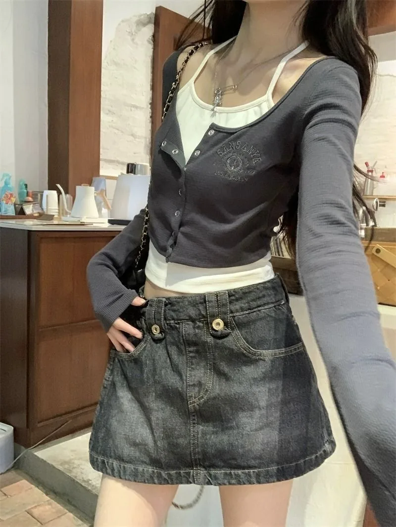 Damen Koreanischer Ins-Stil Reines Y2K Hot Girl Neckholder Langarm-T-Shirt Frühling Herbst Neues Slim-Fit Schulter-Fake-Zweiteiler-Oberteil – Detail 15