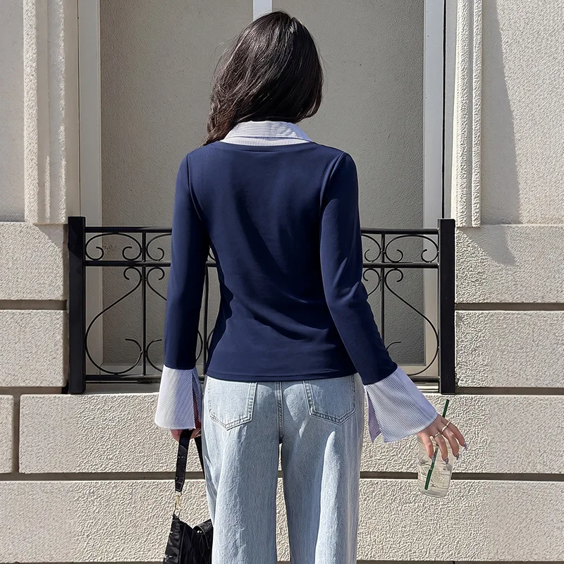 Women Fake Two‑Piece Long Sleeve T‑Shirt V‑Neck Contrast Striped Patchwork Blouse Slim Waist Fit Casual Fall Inner Top For Women