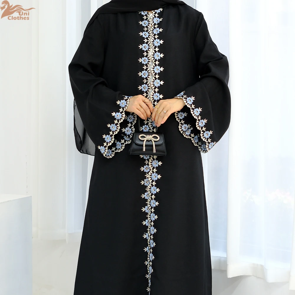 Eid Ramadan Flower Embroidery Abayas for Women Muslim Dress Dubai Open Abaya Turkey Kaftan Kebaya Caftan Marocain Femme Robe New