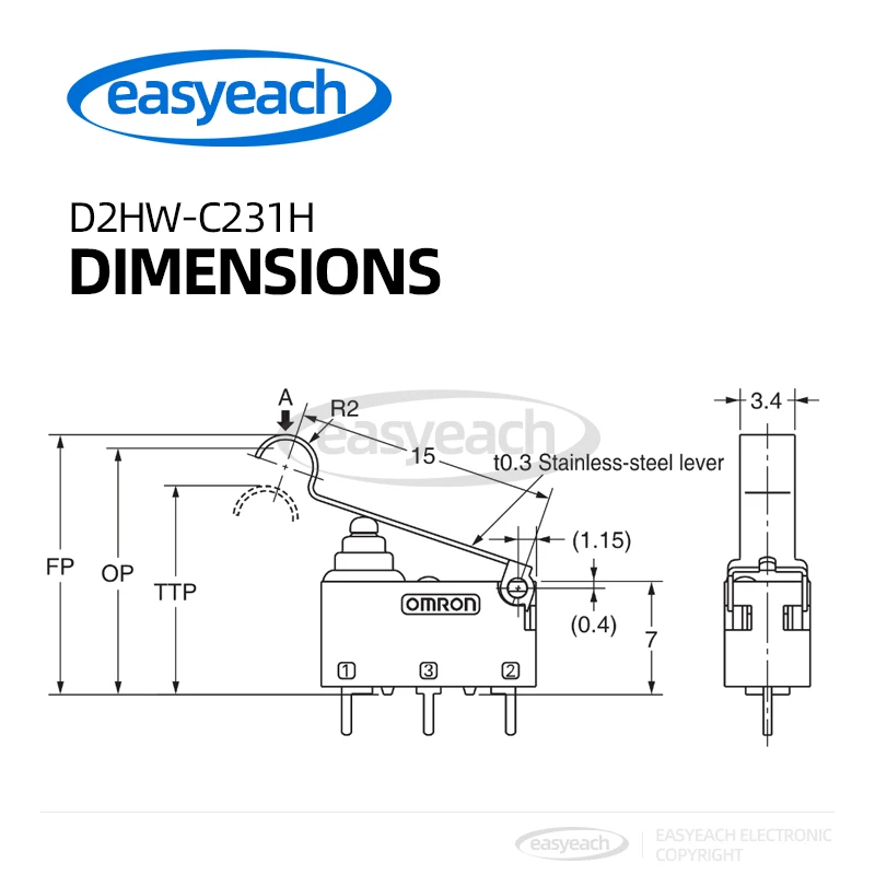 Sealed fretting switch M3 screw stroke limit switch D2HW-C231H sensor switch bending handle R switch