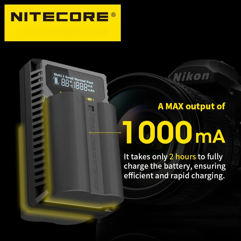 NITECORE UNK2 Caricabatteria per fotocamera intelligente USB a doppio slot per Nikon EN-EL15 EN-EL15a EN-EL15b D500 D600 D810 D7500 Z6 D800E D7000