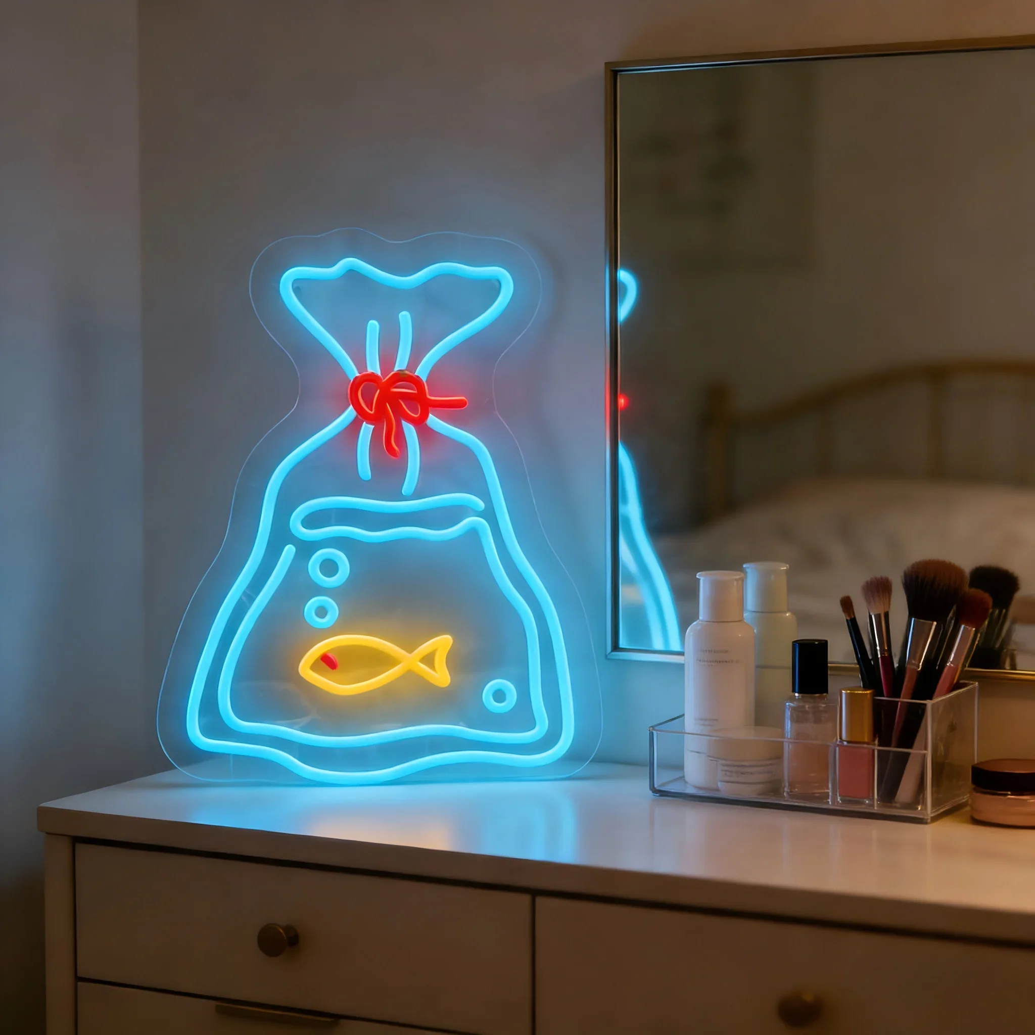 Fish Bag Neon Sign Colorful Aquarium LED Wall Art USB Powered Glow Lamp Vanity Bedroom Cafe Party Home Decoration Hanging Light