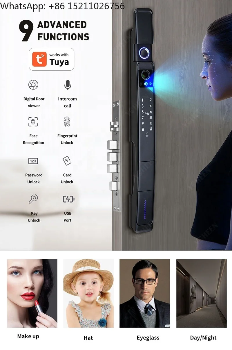 Outdoor Waterproof Aluminum Sliding Door Lock Tuya Face Recognition Fingerprint Key Card Smart Lock Visual Intercom Wifi Lock