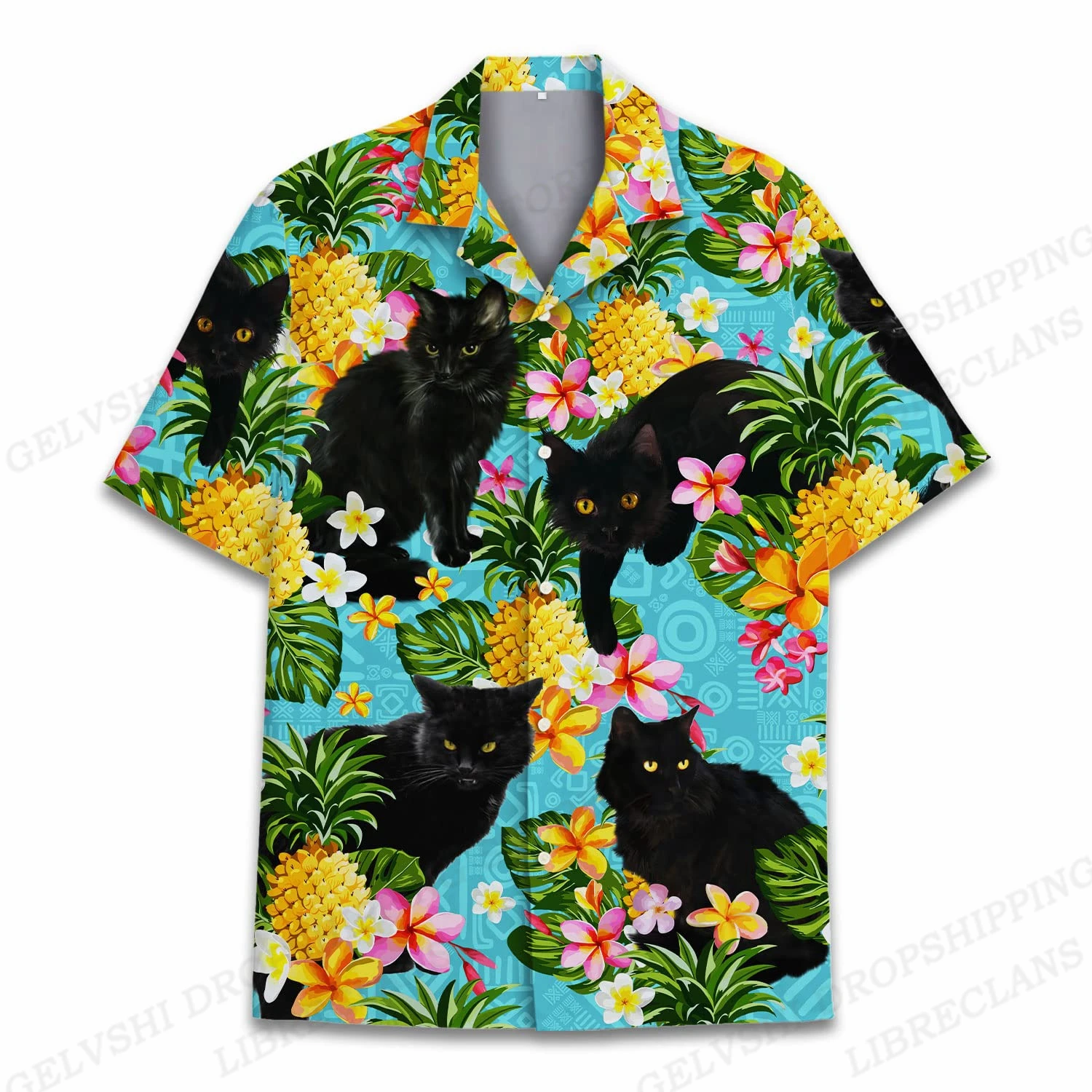 Camisas florales de verano para hombre, camisas de playa con estampado de gato, Camisa de moda hawaiana, blusas casuales, Camisa con solapa de Animal Unisex