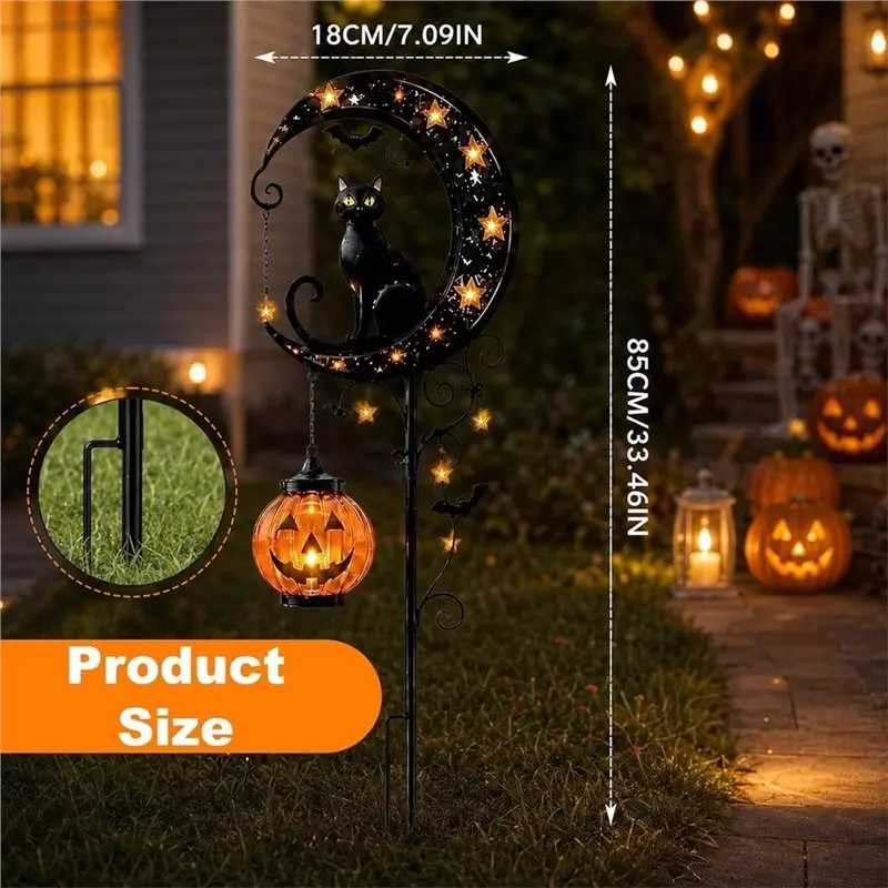 DT16 Solar Garden Stake Light Halloween Black Cat Pumpkin for Moon Metal Waterproof Auto On Off LED for Patio Lawn Yard