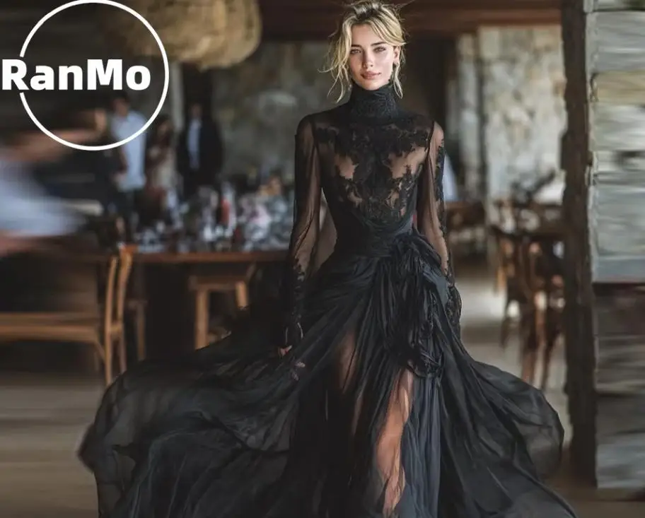 Ranmo Black High Neck Gothic Customised Bridal Gown Dress 2026 Long Sleeve Lace Wedding Applique Multi Layered Corset Ball Gown