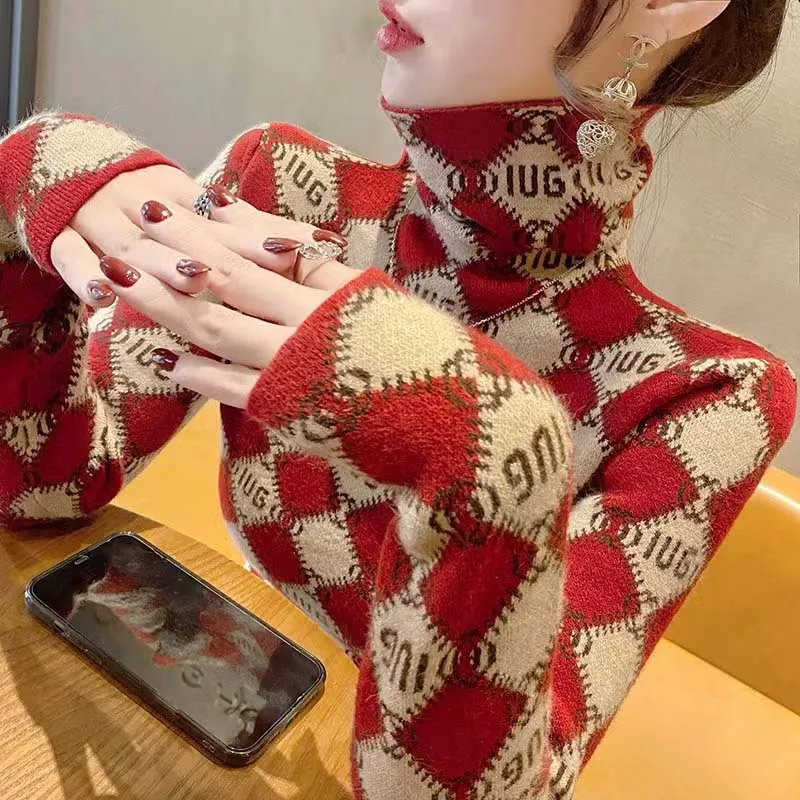 Women Clothing Vintage All-match Letter Knit Pullover Autumn Winter Fashion Slim Long Sleeve Turtleneck Sweater Lady Elegant Top