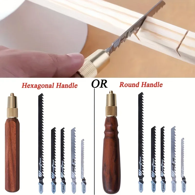 

1 комплект, мини-съемная ручная пила с круглой/шестиугольной деревянной ручкой, ручная пила из высокоуглеродистой стали с 5 пильными полотнами для деревообработки