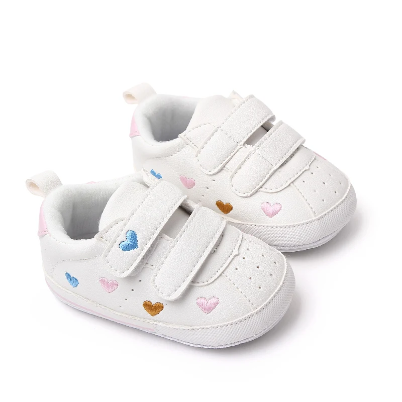 Baby White PU Sneaker Non-slip for Toddler Boys and Girls Cute Embroidery Stars and Hearts