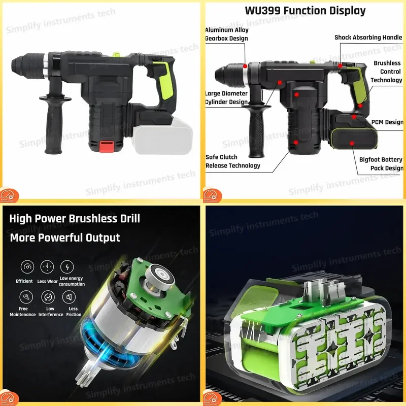 WU399 5.0J 26mm Hammer Impact Drill Brushless Cordless Rotary Hammer Drill for Concrete Brick Stone Demolition