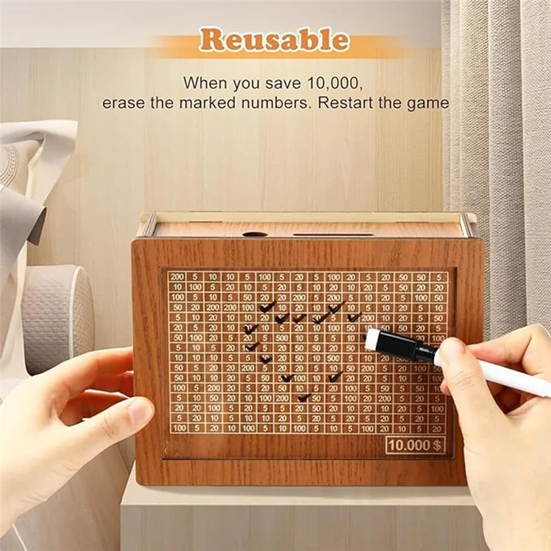 ABFN-Money Box With Counter Cash Vault Wooden Savings Box,Cash Saver Box,Coin Counter Piggy Bank,Money Box With Money Target