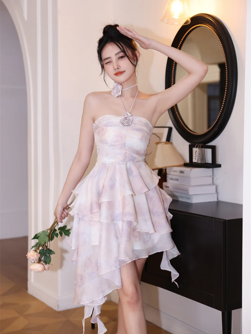 CHEERART Lilac Floral Strapless Halter Short Dress Party Evening Elegant Luxury Celebrity Backless Ruffles Fairy Dress Fairycore