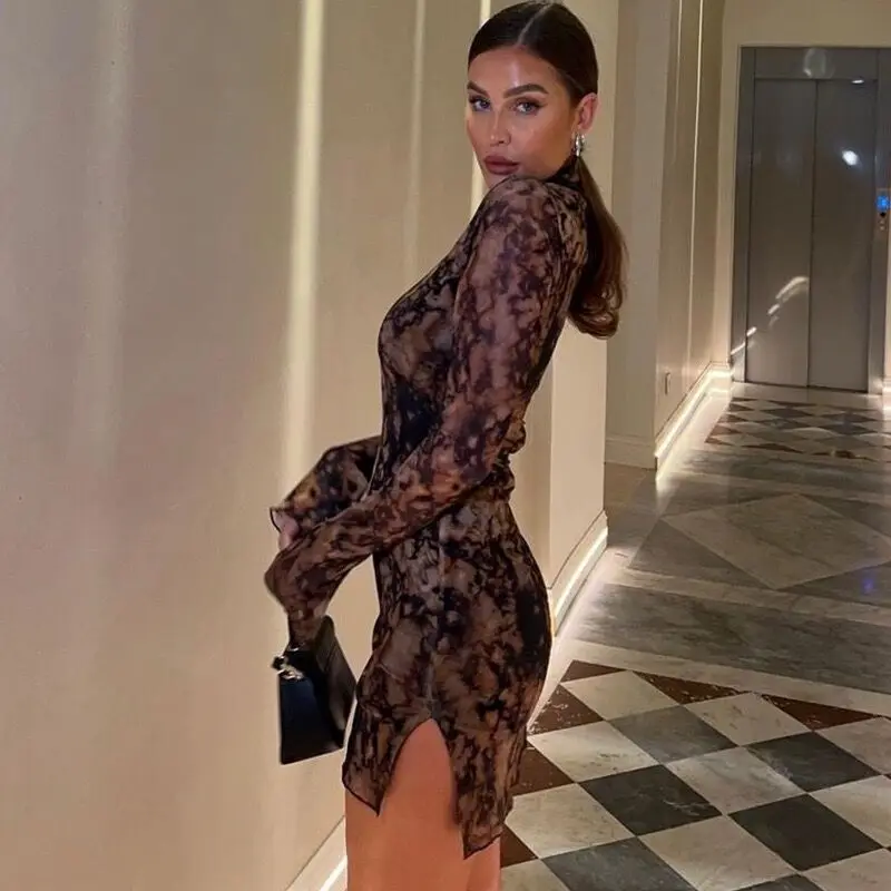 

New European and American Style2025New Spring Half-High Collar Long Sleeve Printed Dress Split Bodycon Dress