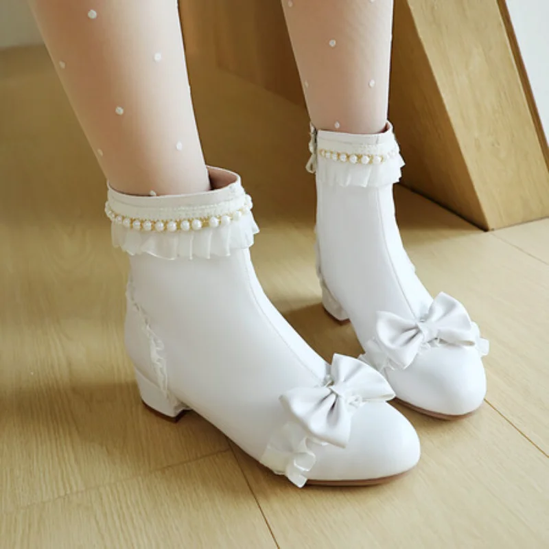 Women Boots 2024 New Winter Girls Booties Thick Heel Low-heel Short Boots Side Zip Beads Bow Botas Mujer Shoes 31-43 Pink White image 2