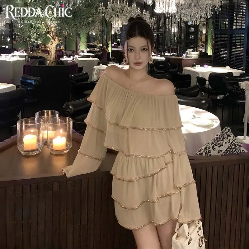 ReddaChic Ruffle Tiered Blouse Skirt Women Matching Set Prom Beaded Elastic Waist Cake Mini Skirt One-Shoulder Top Party Clothes