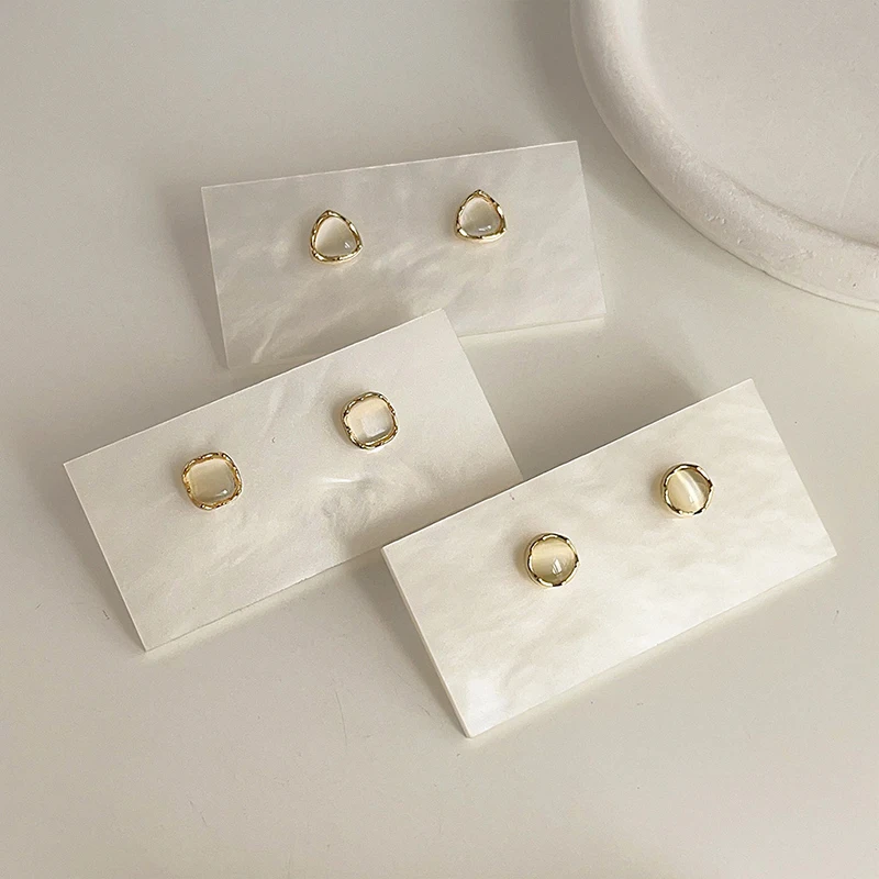 Real 925 Sterling Silver 18K Gold Opal Triangle Square Round Stud Earrings For Women Small Niche Advance Geometric Jewelry