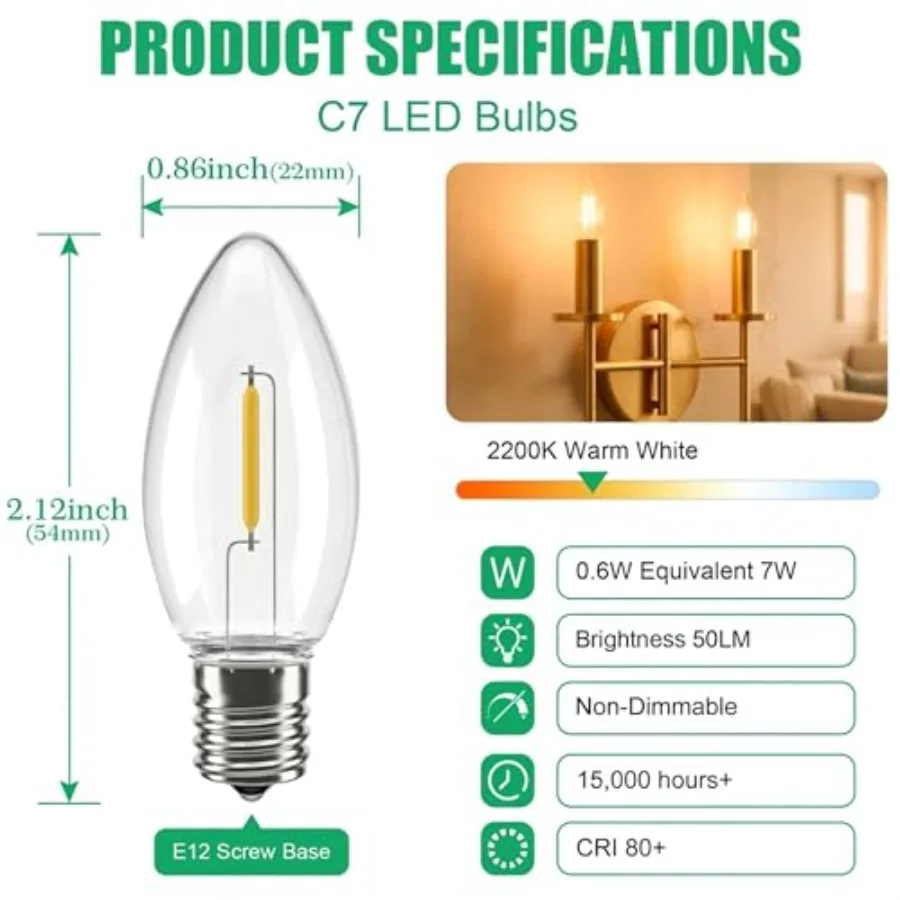 C7 Night Light Bulb, LED Candelabra Bulb, E12 Base, Warm White 2200K, 0.6W, 7W Equivalent, Plastic Replacement Light Bulb for N