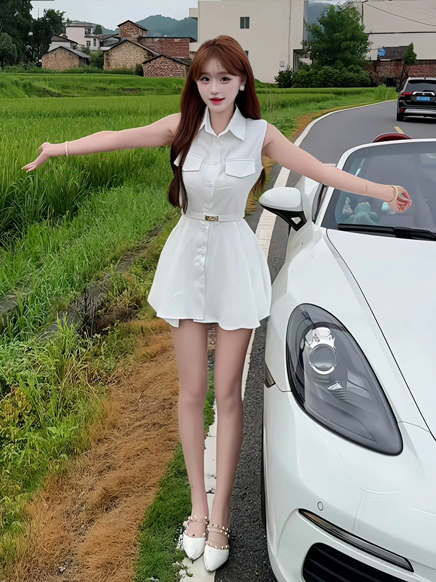 Summer New Korean Sle Pure Color Svel  Collar irt Dr Women's Design Slimming ort Skirt High Waist A-Line D...