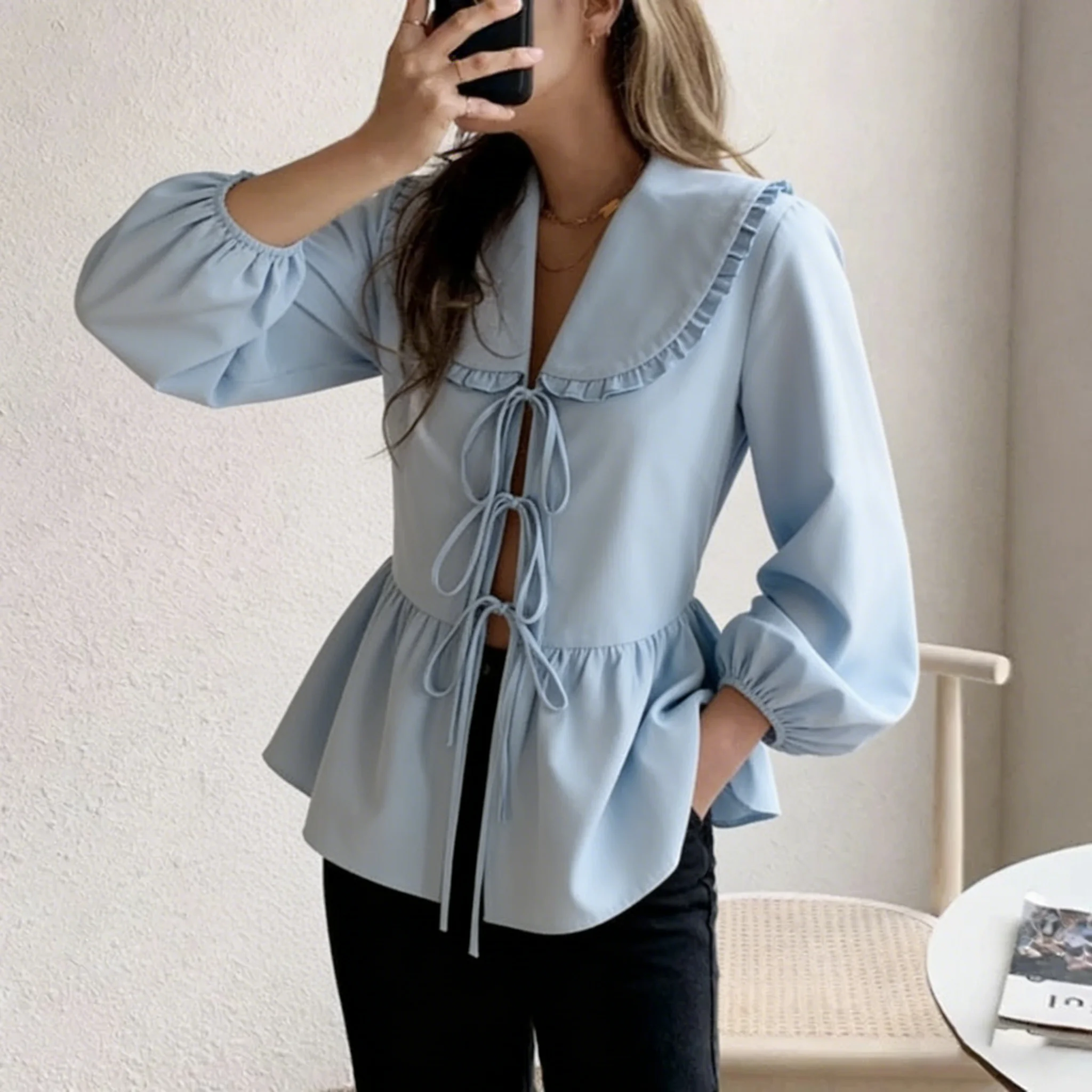 

Women's Blouse Ruffle Collar Long Sleeve Top Tie Front Peplum Slim Tops Chic Blouse Spring Summer Casual Blouse Daily Light Tops